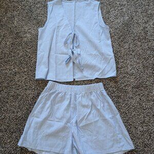 Women Casual Summer Lounge Set Sleeveless Tie Front Top Blue Stripe Small